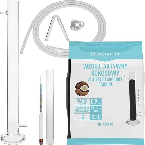 Colonna filtrante in vetro in kit con alcolometro, tubicino in silicone e carbone attivo di cocco