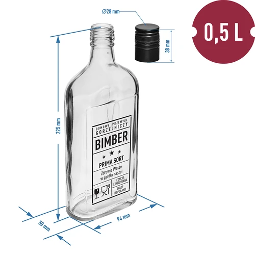 Bottiglia a fiaschetta 500 ml con tappo a vite, stampa “Bimber PRL”, 1 pz. - 5