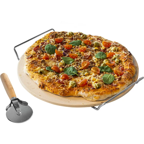 Pietra refrattaria in cordierite per pizza, tonda 33 cm, con manico e tagliapizza