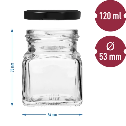Vasetti twist-off 120 ml - quadrati Ø 53 con tappo nero, 6 pz - 6