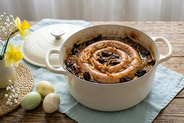 Salsiccia bianca arrotolata al forno con funghi e prugne affumicate